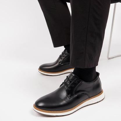 St. James – Zapato de Cuero Auténtico Negro | Punta Redonda, Suela Blanca