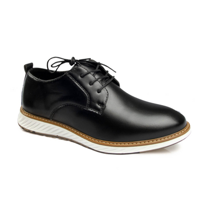 St. James – Zapato de Cuero Auténtico Negro | Punta Redonda, Suela Blanca