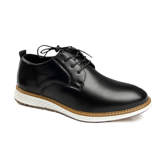 St. James – Zapato de Cuero Auténtico Negro | Punta Redonda, Suela Blanca