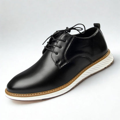 St. James – Zapato de Cuero Auténtico Negro | Punta Redonda, Suela Blanca